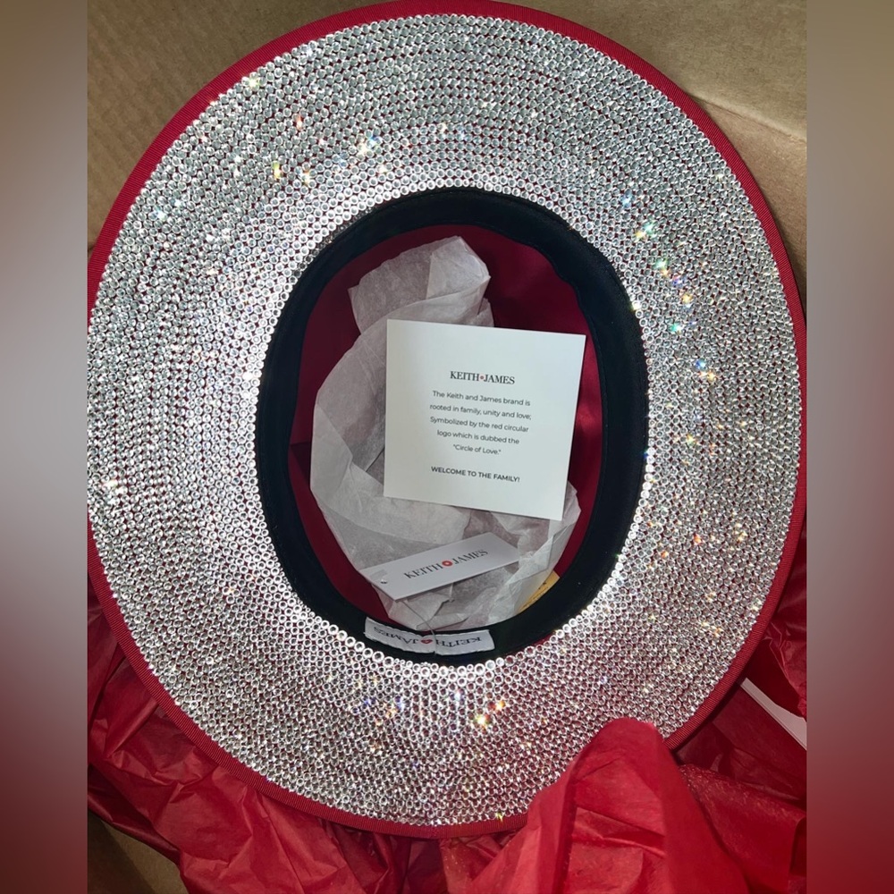 Customized Swarovski Crystal Keith James Queen Red-Brim Wool Fedora Hat, Rose